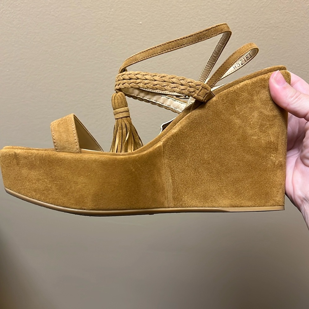 Stuart Weitzman Tassel Suede Wedge Sandals